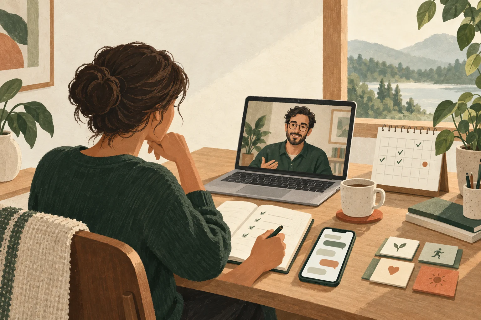 Editorial illustration of a person using a notebook, messaging app and video conversation to work on a goal